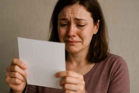 Young woman is crying reading a letter with bad news, she is very sad and she can't stop cryingの素材