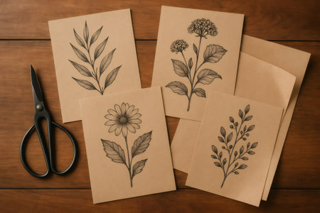 Botanical illustrations and drawings on cards with scissors on a wooden desk, creating an artistic and inspiring workspaceの素材