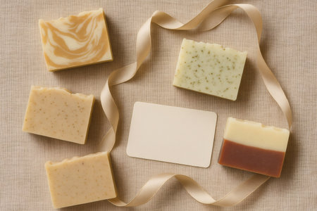 Variety of colorful organic soap bars with blank greeting card and beige ribbon displayed on linen fabric, promoting natural body care and eco friendly giftsの素材