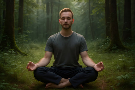 Caucasian man practicing yoga and meditation in the woods, enjoying the peace and quiet of natureの素材