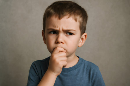Portrait of a thoughtful child biting his fingers with a worried expression on his face, depicting anxiety and stress in childrenの素材