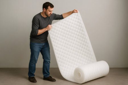 Worker unwrapping a large roll of quilted foam padding in a studio setting, inspecting the material's texture and quality for potential use in furniture and beddingの素材
