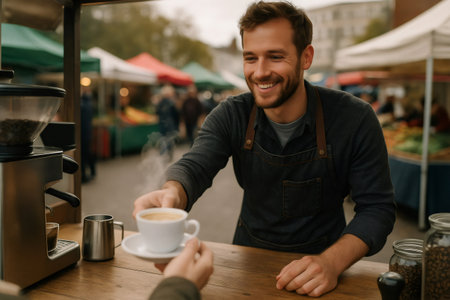 Smiling barista serving a cup of hot coffee to customer at outdoor coffee stand in a street marketの素材