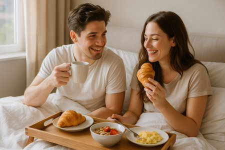Happy couple smiling and enjoying a cozy breakfast in bed, sharing a lazy morning filled with love, comfort, and delicious treatsの素材
