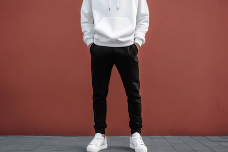 Fashionable man showcasing minimalist streetwear style with white hoodie, black sweatpants, and white sneakers against a vibrant red backdropの素材