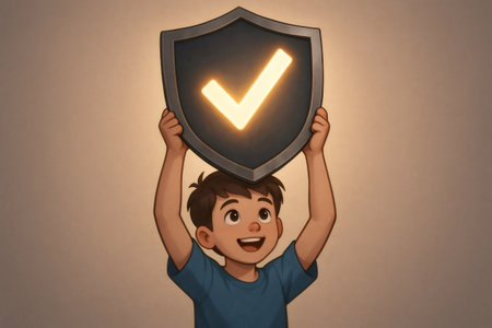 Happy boy lifting a shield with a luminous check mark symbolizing acceptance, approval, and validationの素材