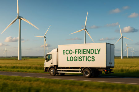 White delivery truck driving on a highway near a wind farm symbolizing eco friendly logistics and green energyの素材