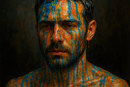 Artistic portrait of a man with dripping paint on his face and body, creating a colorful and textured effectの素材