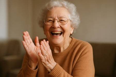 Happy grandmother wearing glasses, clapping her hands joyfully and laughing heartily, radiates warmth and contentment in her homeの素材