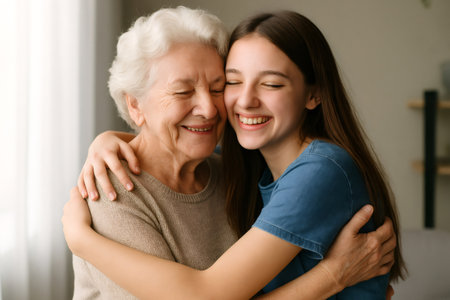 Granddaughter and grandmother are hugging and smiling, enjoying a tender moment together at homeの素材