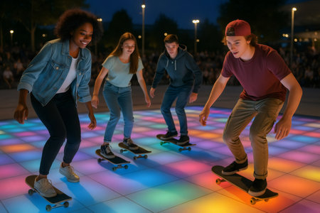 Group of young people skateboarding on a colorful, illuminated rink at an urban skate park at nightの素材