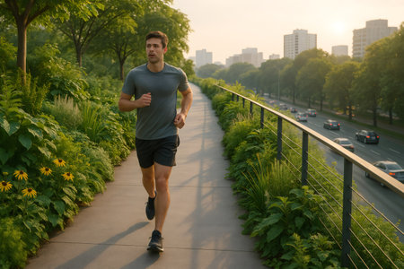 Young sportsman running on a pedestrian path surrounded by vegetation in an urban environment with road and city in backgroundの素材