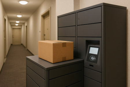 Package waiting for its owner on an electronic locker in the hallway of a modern residential buildingの素材