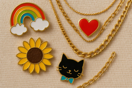 Rainbow, sunflower, and black cat enamel pins and gold necklaces arranged on beige textured fabric, creating a cheerful and stylish flatlayの素材