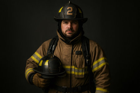 Firefighter in uniform confidently holding a helmet while posing in a studio against a dark background, exuding strength and braveryの素材