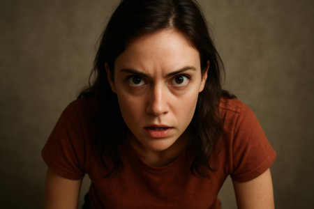 Serious young woman with an intense, angry expression, staring with determination and concern, revealing deep emotions in her brown eyesの素材