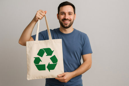 Smiling man holding reusable shopping bag with recycle logo promoting sustainable lifestyle and environmental awarenessの素材