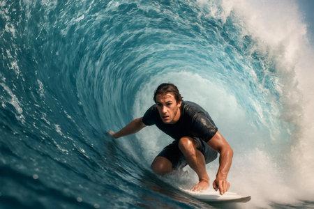 Professional surfer skillfully riding a powerful ocean wave inside a hollow barrel, embracing the thrill of summer vacation adventuresの素材