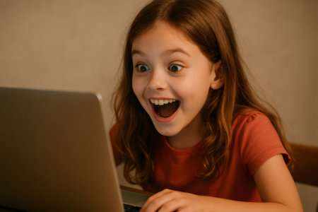 Surprised young girl reacting with joy while watching something exciting on her laptop, fully engaged in her digital experience at homeの素材