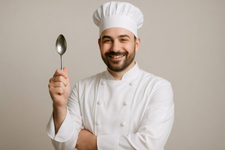 Portrait of a smiling chef holding a spoon with crossed arms, representing cooking, food, and culinary expertiseの素材