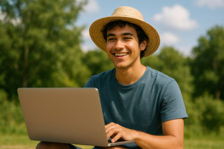 Happy young farmer using laptop in the field, representing modern agriculture and technological advancements in farmingの素材