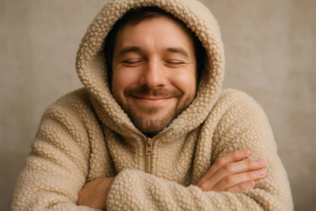 Bearded man feeling cozy and comfortable while wearing a warm sherpa hoodie with closed eyes and smilingの素材