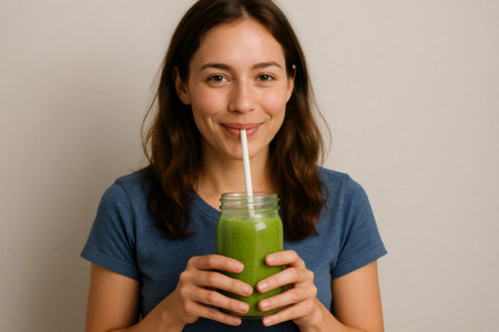 Happy young woman enjoying a refreshing green smoothie through a straw, celebrating healthy eating and vibrant livingの素材