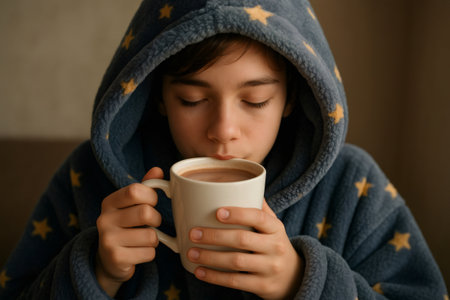 Young boy enjoying a warm cup of hot chocolate while wearing a hooded bathrobe, creating a cozy and comforting winter sceneの素材