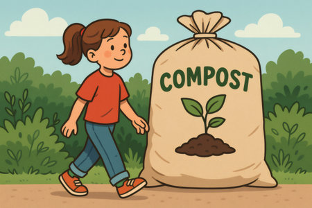 Cartoon illustration of a girl walking next to a giant compost bag, promoting composting and environmental awarenessの素材