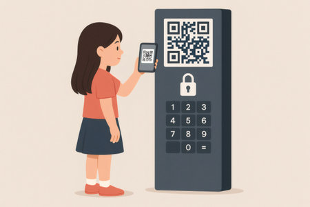 Young girl using smartphone scanning qr code to unlock electronic lock with keypad and lock iconの素材
