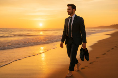 Businessman enjoying a barefoot stroll on the beach at sunset, carrying his shoes and experiencing a moment of tranquilityの素材