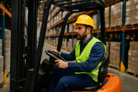 Warehouse worker wearing high visibility vest and hardhat driving forklift truck in logistics centerの素材