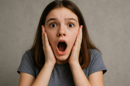 Portrait of a surprised teenage girl with wide open eyes and mouth gasping and holding her cheeks with her handsの素材
