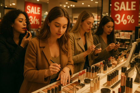 Four customers testing various beauty products at a makeup counter in a bustling store, surrounded by enticing sale signs and vibrant displaysの素材