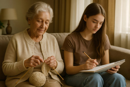 Senior woman knitting and her teenage granddaughter drawing sitting together on sofa in living room, enjoying leisure time at homeの素材