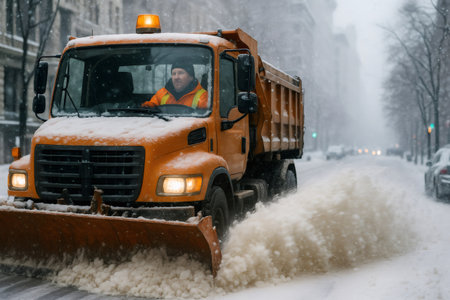 Snowplow truck clearing snow from a city street during heavy snowfall, ensuring safe driving conditions for commutersの素材