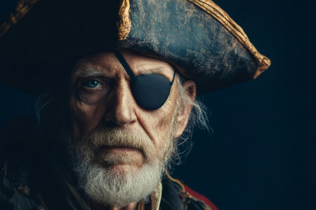 Close up portrait of an elderly man dressed as a pirate, conveying strength and resolve with his intense gaze and weathered featuresの素材
