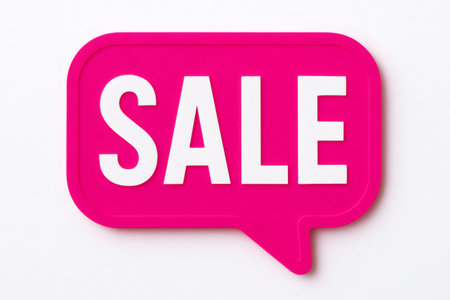 Vibrant pink speech bubble featuring bold sale text, promoting exciting shopping activities and enticing consumers with great dealsの素材