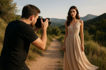 Professional photographer taking photos of beautiful model posing in elegant dress in natural environment during outdoor fashion photoshootの素材