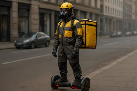 Courier wearing a gas mask and helmet, riding a hoverboard while delivering food through an urban city street, navigating pandemic challengesの素材