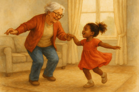 Grandmother and granddaughter are holding hands and dancing joyfully in a cozy living room, creating a heartwarming scene of family bondingの素材