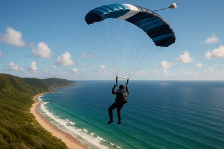 Skydiver soaring through the sky, taking in breathtaking aerial views of the stunning coastline, vibrant ocean, and sandy beaches belowの素材