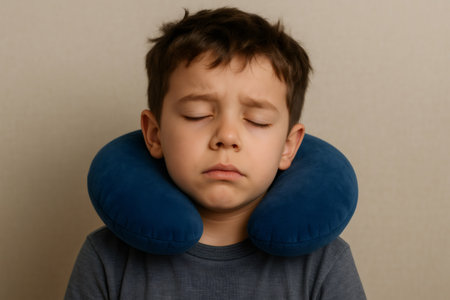 Young boy sleeping with inflatable travel pillow around his neck, enjoying comfort and rest during travel or at homeの素材