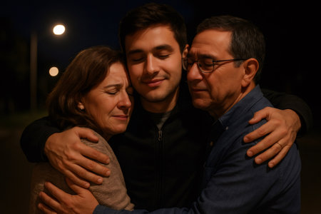 Parents and son hugging at night in the street, feeling support and love during emotional reunionの素材