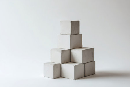 Concrete cubes forming a pyramid shape on a minimalist white background, representing growth, stability, and upward progressの素材