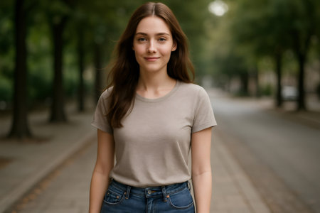 Portrait of a serene young woman walking down a peaceful tree lined street, enjoying a leisurely strollの素材