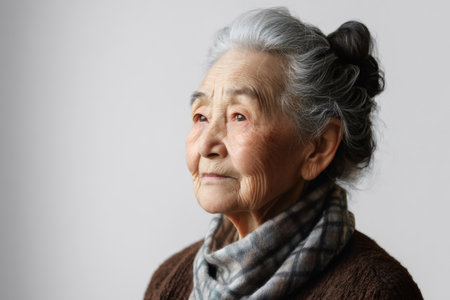 Close up portrait of a serene elderly Asian woman gazing upwards, conveying a sense of hope, wisdom, and resilienceの素材