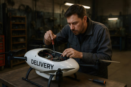 Focused technician repairing a delivery drone with a screwdriver in a well equipped workshop, showcasing skills in electronics and maintenanceの素材