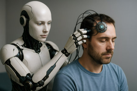 Futuristic medical procedure involving artificial intelligence performing a brain examination on a man using advanced technologyの素材