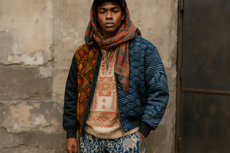 Young male model showcasing global heritage streetwear with patterned jacket, scarf, and pants, posing against a weathered wall in an urban environmentの素材